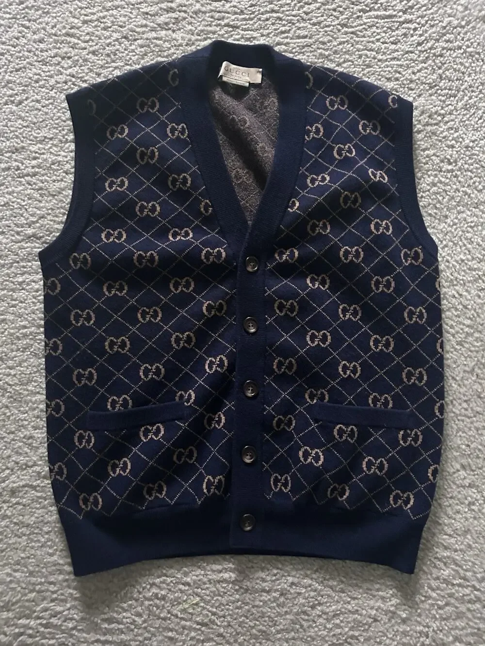 AUTHENTIC GUCCI GG MONOGRAM NAVY GOLD WOOL SWEATER VEST SZ M RARE